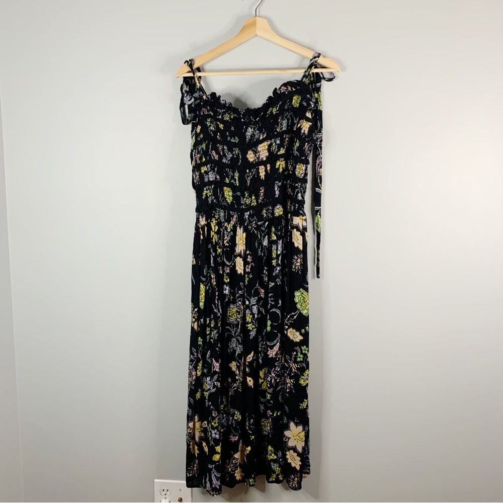 Free People Women's Tank Maxi Dress Floral Boho Black Smocked Flowy Medium M